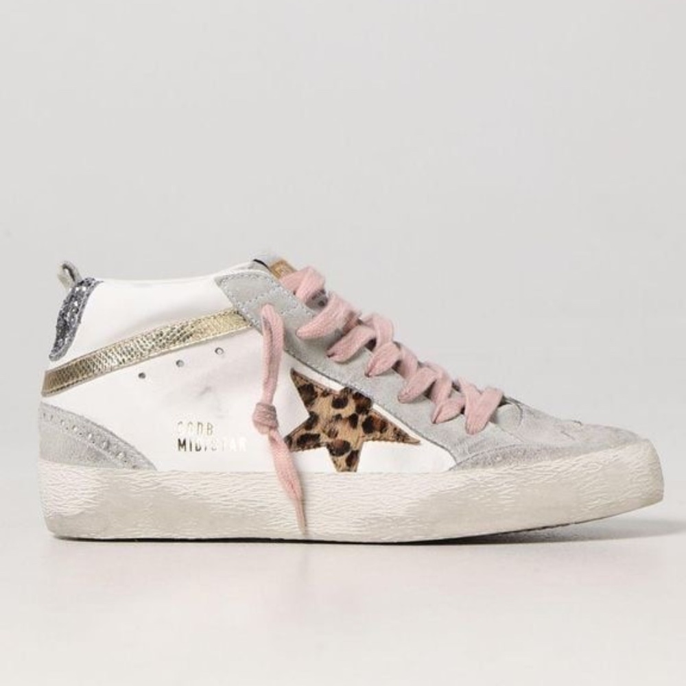 ISO golden goose mid star leopard star pink laces and glitter with gold details
